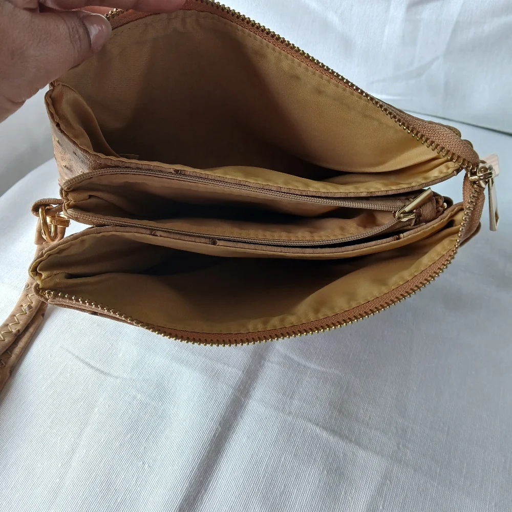 Tan Perforated Faux Leather Wristlet Clutch‎